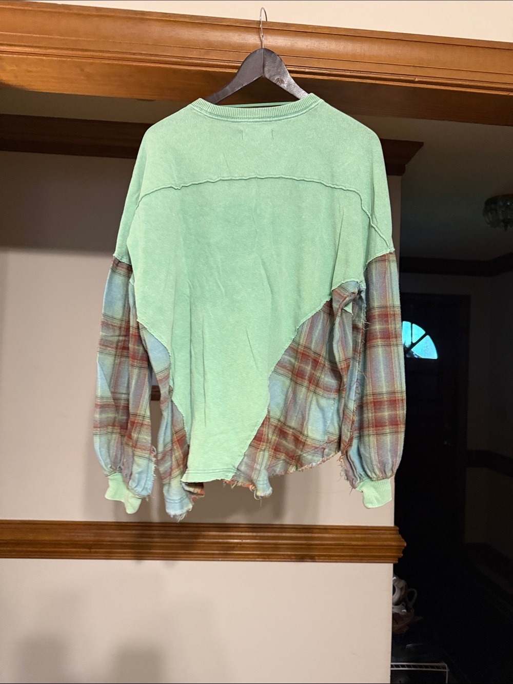 We The Free Mint Green Pullover with Plaid Sleeve Panels - Picture 6 of 6